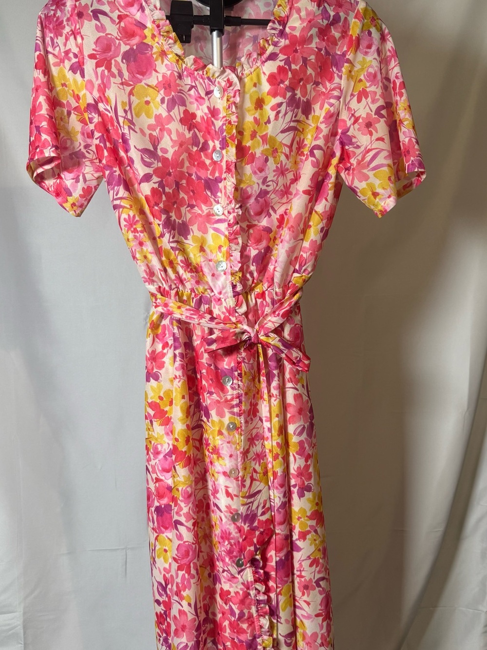 Vintage 70’s/80’s Floral Button-Front Midi Dress in Pink & Yellow with Tie Waist